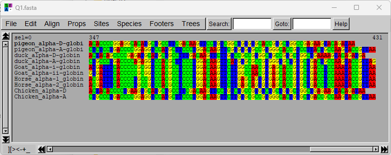 Seaview showing unaligned sequences